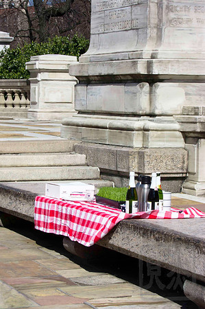 City picnic with a box of grass, Soldiers and Sailors Monument, New York City